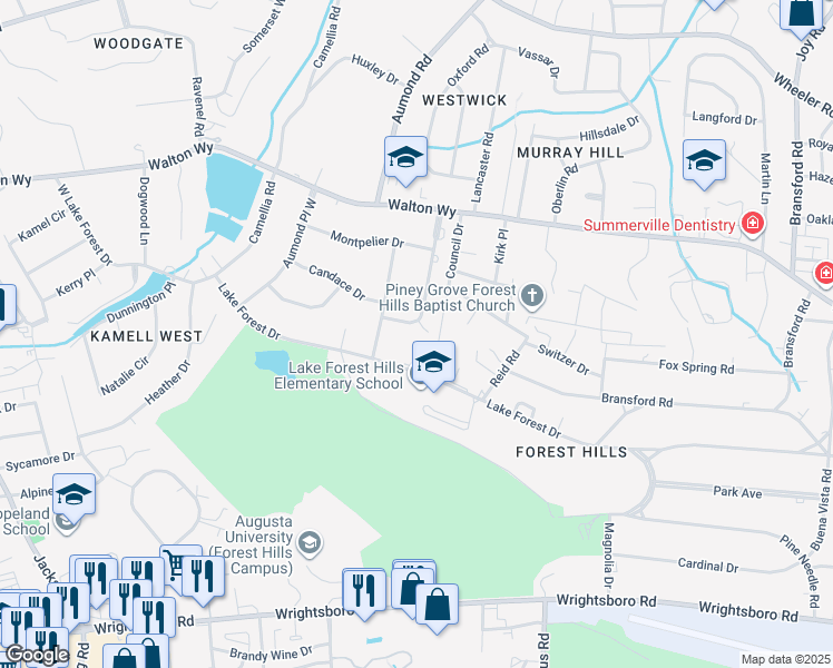 map of restaurants, bars, coffee shops, grocery stores, and more near 822 Aumond Place East in Augusta