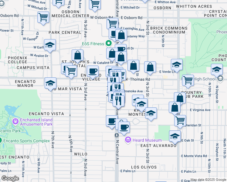 map of restaurants, bars, coffee shops, grocery stores, and more near 2700-2724 North Central Avenue in Phoenix
