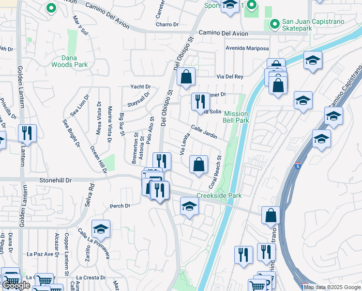 map of restaurants, bars, coffee shops, grocery stores, and more near 25592 Leeward Drive in Dana Point