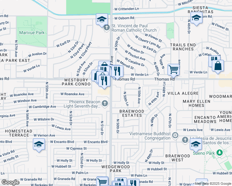 map of restaurants, bars, coffee shops, grocery stores, and more near North 51st Avenue in Phoenix