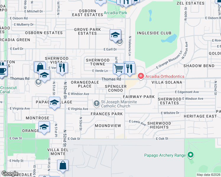 map of restaurants, bars, coffee shops, grocery stores, and more near 5402 East Windsor Avenue in Phoenix