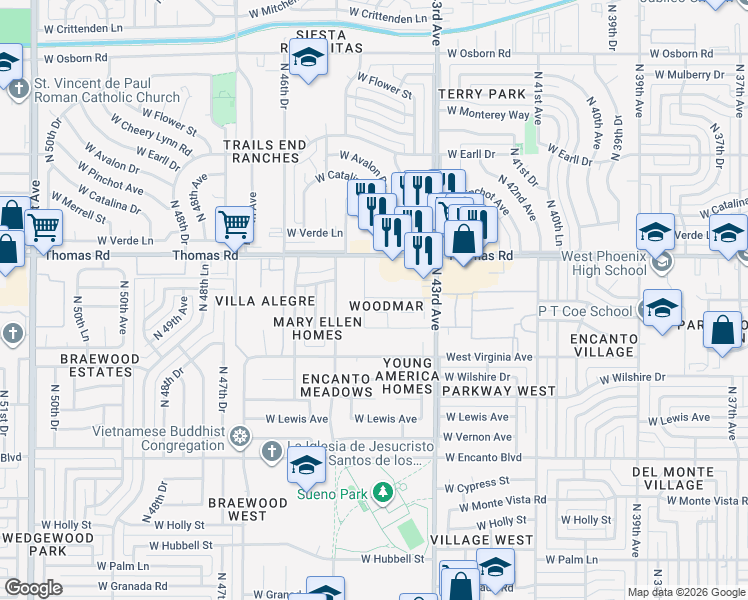map of restaurants, bars, coffee shops, grocery stores, and more near 2690 North 43rd Avenue in Phoenix
