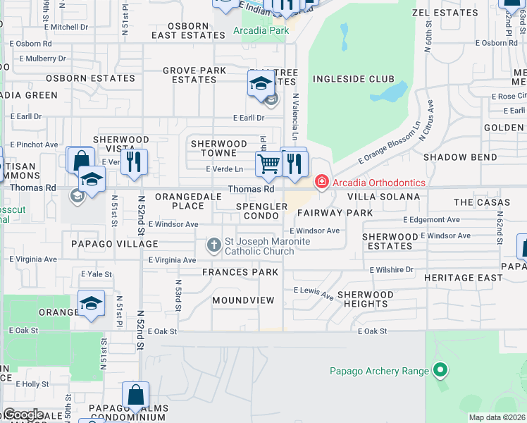 map of restaurants, bars, coffee shops, grocery stores, and more near 5525 East Thomas Road in Phoenix