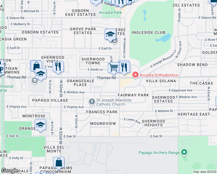 map of restaurants, bars, coffee shops, grocery stores, and more near 5402 East Windsor Avenue in Phoenix
