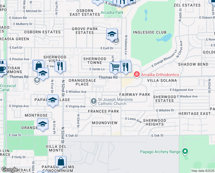 map of restaurants, bars, coffee shops, grocery stores, and more near 5402 East Windsor Avenue in Phoenix