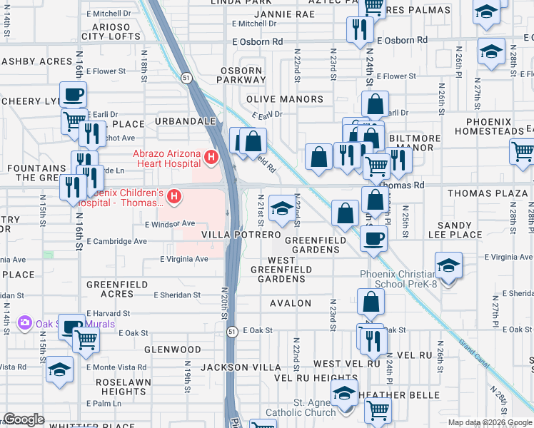 map of restaurants, bars, coffee shops, grocery stores, and more near 2725 North 21st Street in Phoenix