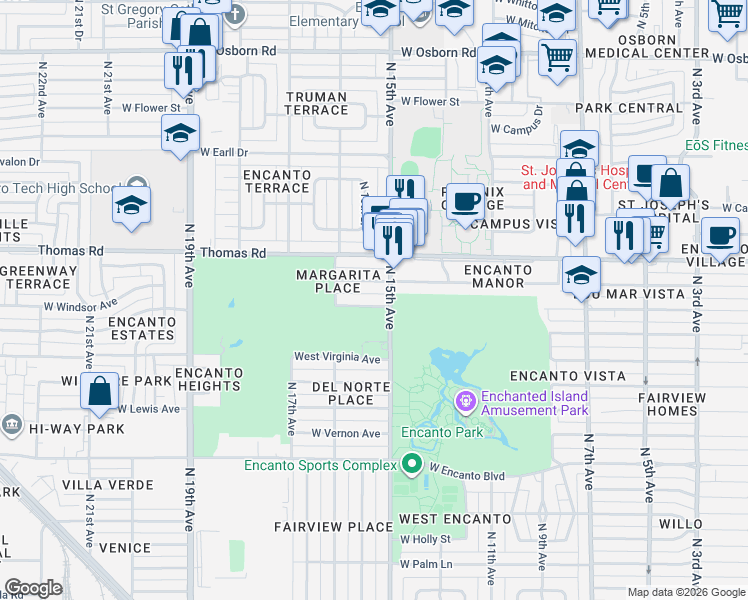 map of restaurants, bars, coffee shops, grocery stores, and more near 1510 West Windsor Avenue in Phoenix