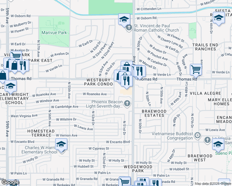 map of restaurants, bars, coffee shops, grocery stores, and more near 2815 North 52nd Avenue in Phoenix