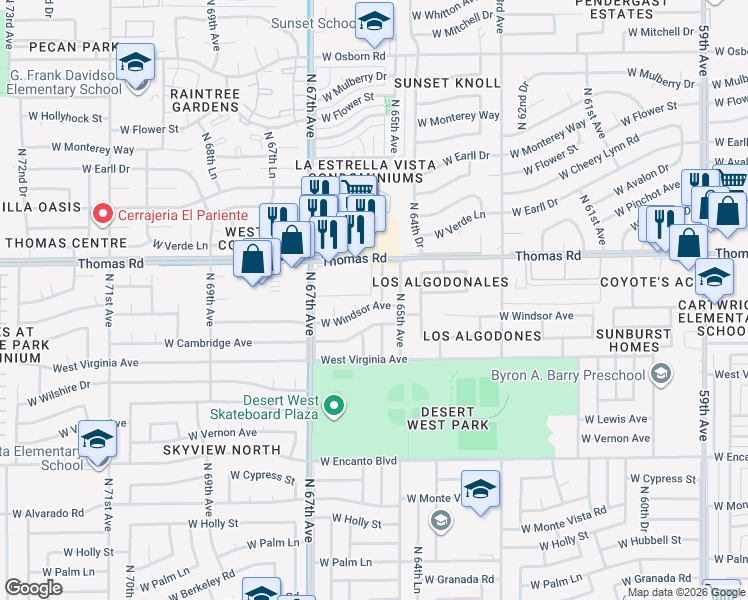 map of restaurants, bars, coffee shops, grocery stores, and more near 6515 West Windsor Avenue in Phoenix