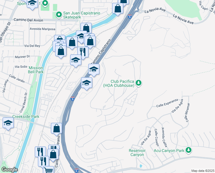 map of restaurants, bars, coffee shops, grocery stores, and more near 33562 Valle Road in San Juan Capistrano