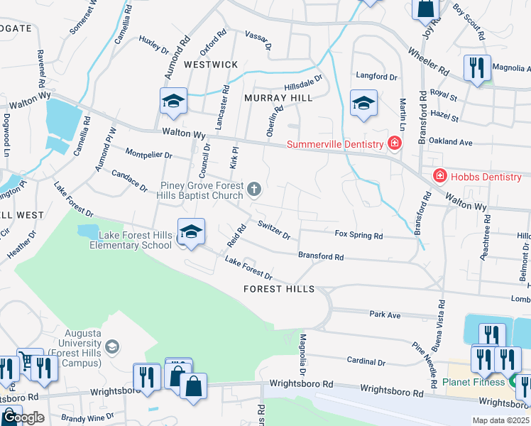 map of restaurants, bars, coffee shops, grocery stores, and more near 3102 Cawley Court in Augusta