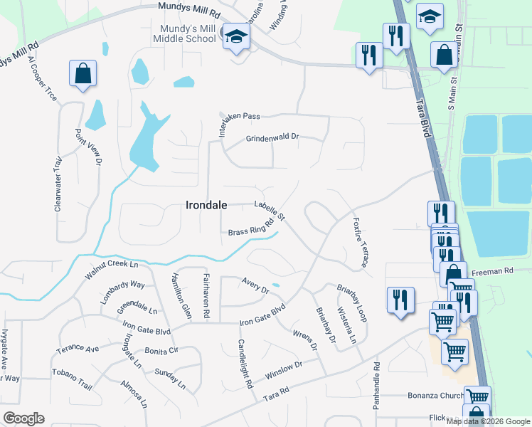 map of restaurants, bars, coffee shops, grocery stores, and more near 1299 Labelle Street in Jonesboro