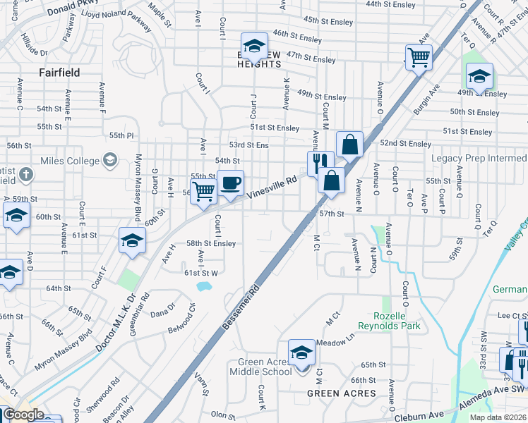 map of restaurants, bars, coffee shops, grocery stores, and more near 5710 Monte Sano Road in Birmingham