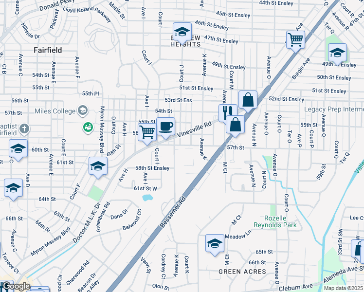 map of restaurants, bars, coffee shops, grocery stores, and more near 5710 Monte Sano Road in Birmingham