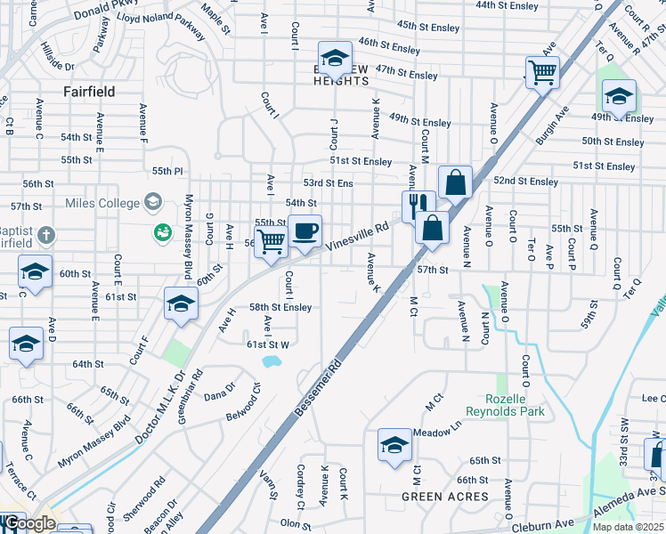 map of restaurants, bars, coffee shops, grocery stores, and more near 5710 Monte Sano Road in Birmingham