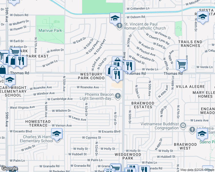 map of restaurants, bars, coffee shops, grocery stores, and more near 2815 North 52nd Avenue in Phoenix