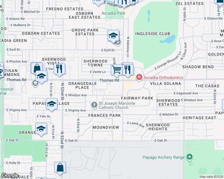 map of restaurants, bars, coffee shops, grocery stores, and more near 5402 East Windsor Avenue in Phoenix