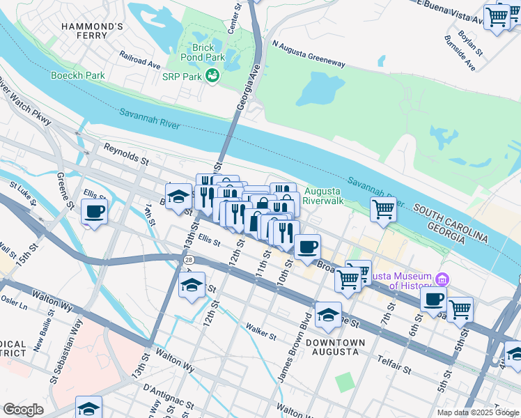 map of restaurants, bars, coffee shops, grocery stores, and more near 112 12th Street in Augusta