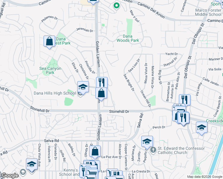 map of restaurants, bars, coffee shops, grocery stores, and more near 33352 Cheltam Way in Dana Point