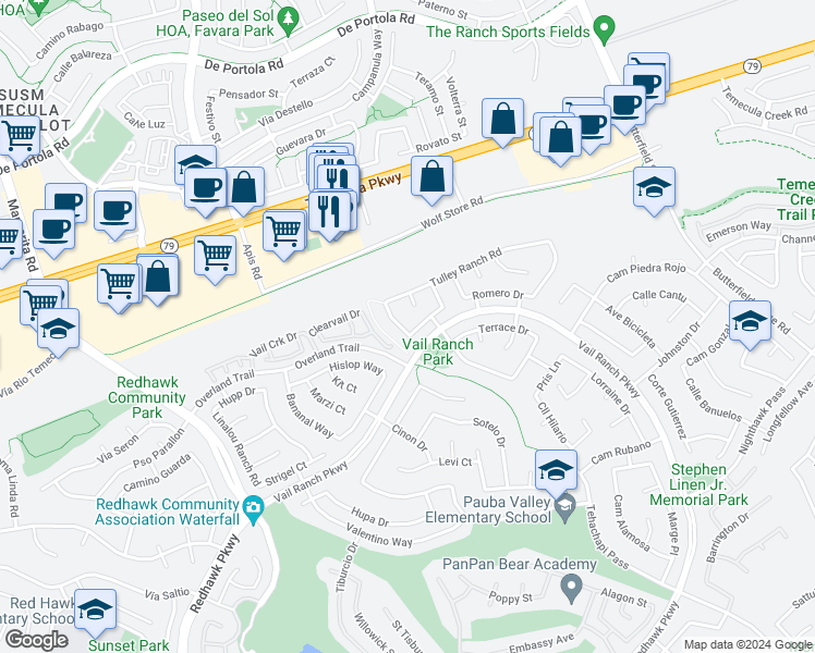 map of restaurants, bars, coffee shops, grocery stores, and more near 32778 Saskia Pass in Temecula