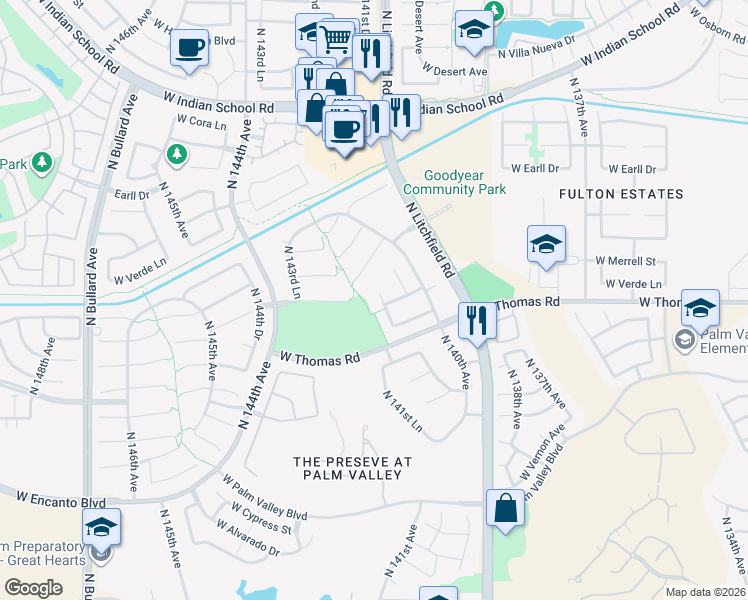 map of restaurants, bars, coffee shops, grocery stores, and more near 2914 North 141st Avenue in Goodyear