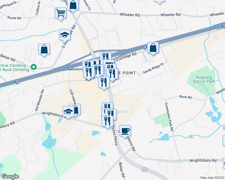 map of restaurants, bars, coffee shops, grocery stores, and more near 4071 Jimmie Dyess Parkway in Augusta
