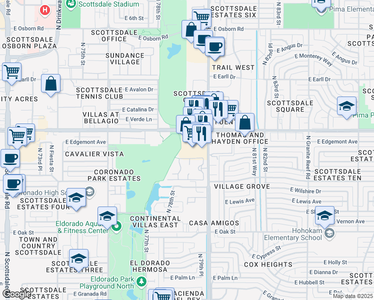 map of restaurants, bars, coffee shops, grocery stores, and more near 2700 North Hayden Road in Scottsdale