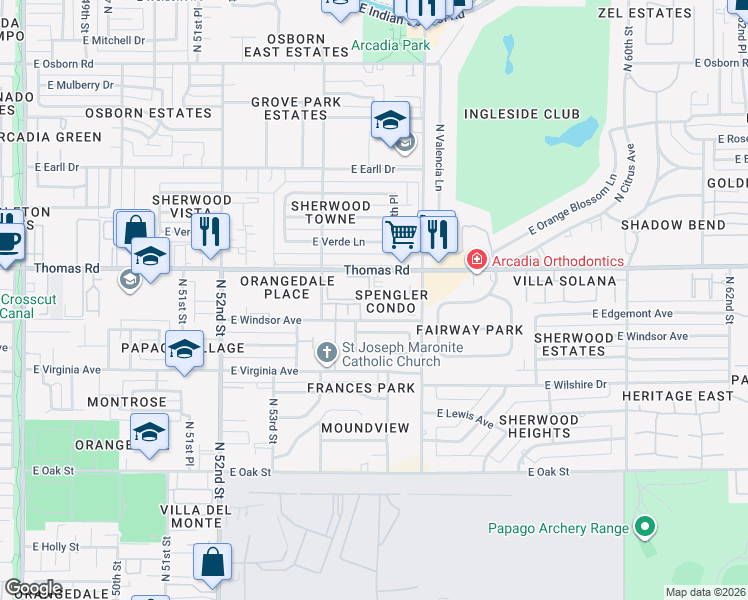 map of restaurants, bars, coffee shops, grocery stores, and more near 5402 East Windsor Avenue in Phoenix