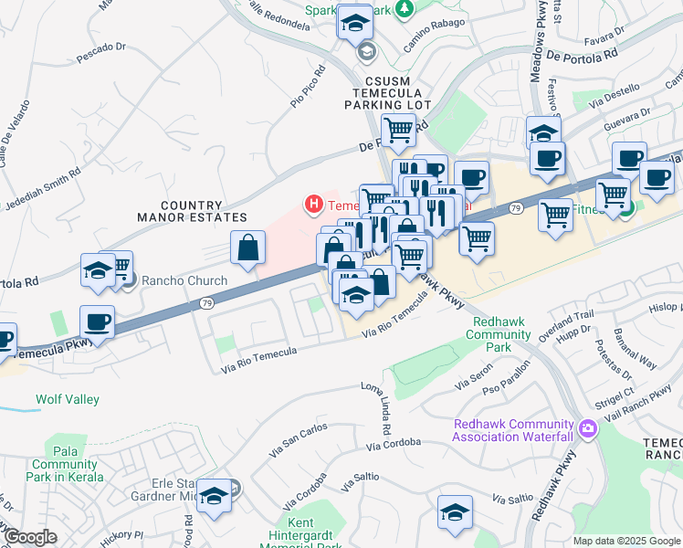 map of restaurants, bars, coffee shops, grocery stores, and more near 31685 Temecula Parkway in Temecula