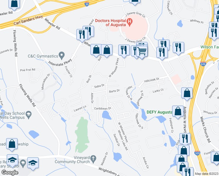 map of restaurants, bars, coffee shops, grocery stores, and more near 204 Kitts Drive in Augusta