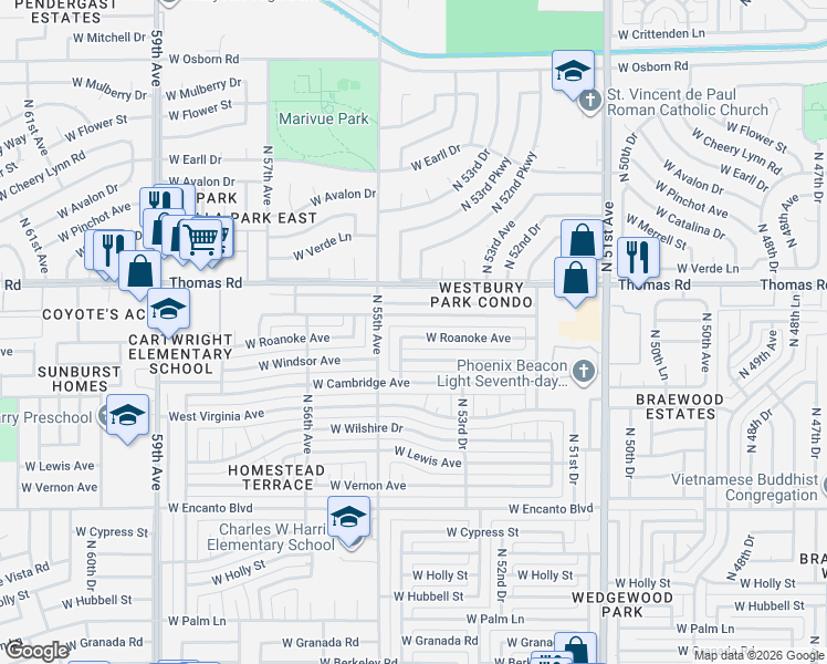map of restaurants, bars, coffee shops, grocery stores, and more near 5438 West Roanoke Avenue in Phoenix