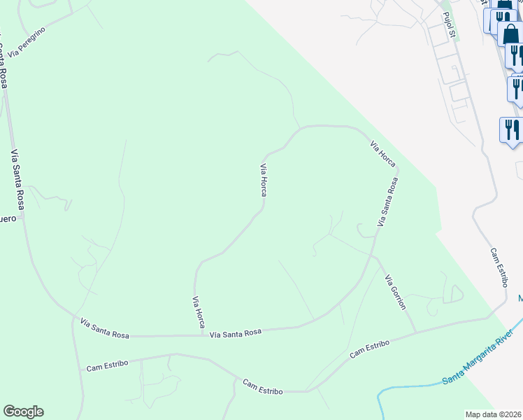 map of restaurants, bars, coffee shops, grocery stores, and more near Vía Horca in Temecula