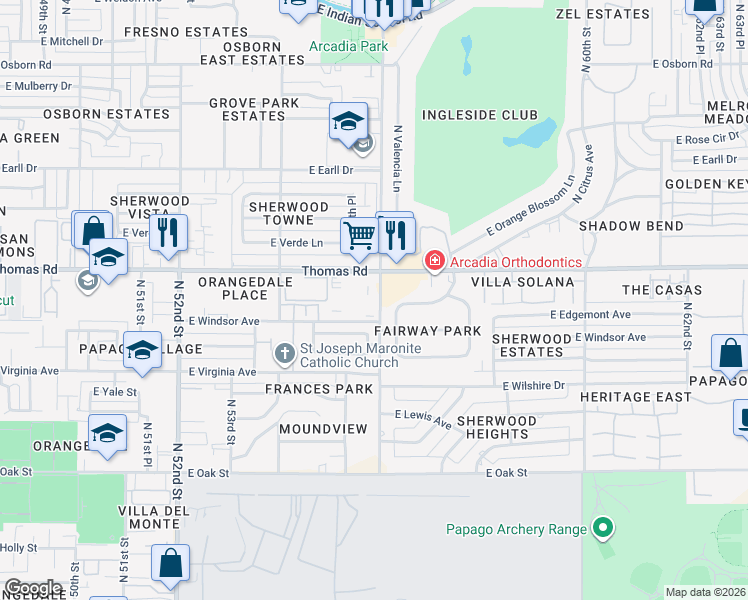 map of restaurants, bars, coffee shops, grocery stores, and more near 5525 East Thomas Road in Phoenix