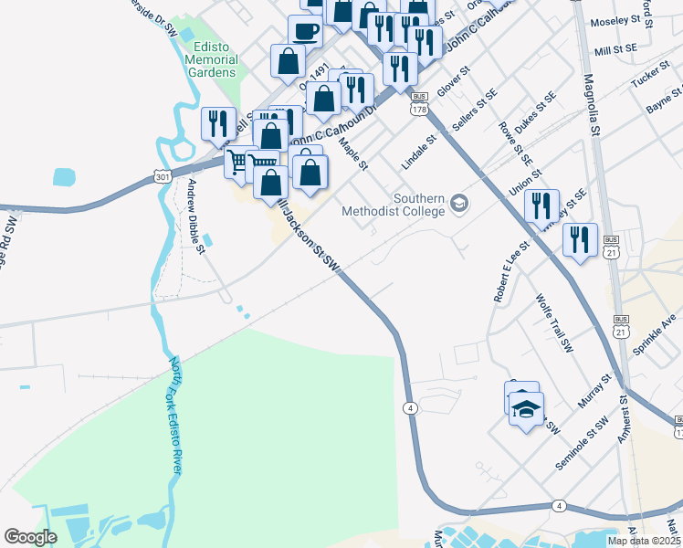 map of restaurants, bars, coffee shops, grocery stores, and more near 865 Stonewall Jackson Street Southwest in Orangeburg
