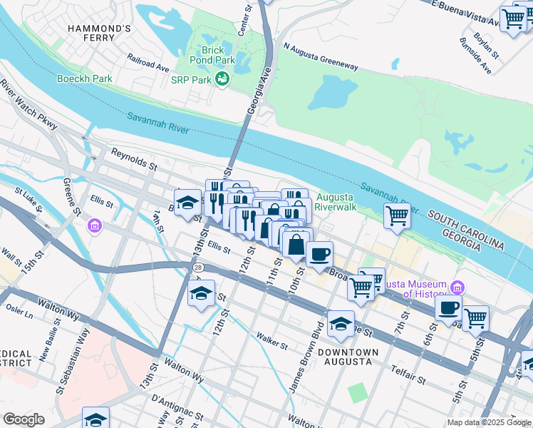 map of restaurants, bars, coffee shops, grocery stores, and more near 112 12th Street in Augusta