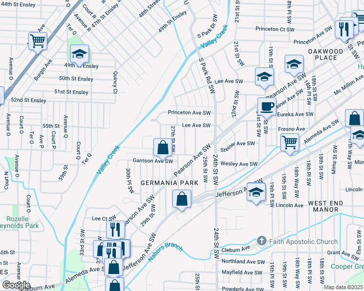 map of restaurants, bars, coffee shops, grocery stores, and more near 2530 Slayton Avenue Southwest in Birmingham