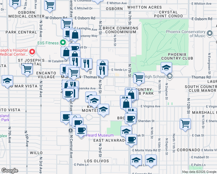map of restaurants, bars, coffee shops, grocery stores, and more near 332 East Windsor Avenue in Phoenix