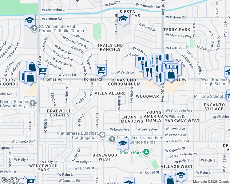 map of restaurants, bars, coffee shops, grocery stores, and more near 2646 North 46th Avenue in Phoenix