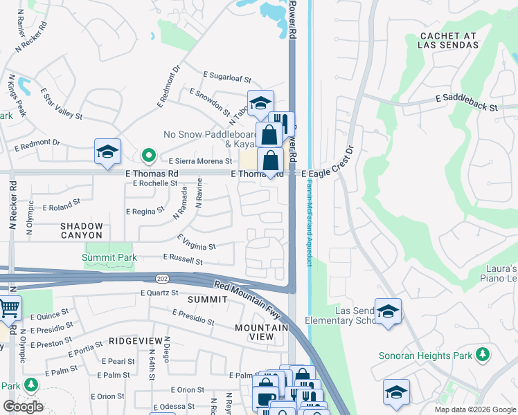 map of restaurants, bars, coffee shops, grocery stores, and more near 6717 East Regina Street in Mesa
