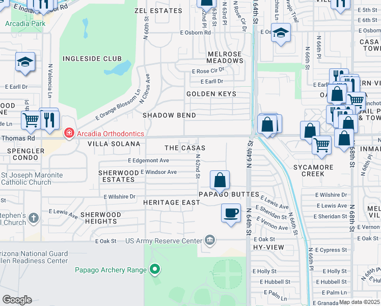 map of restaurants, bars, coffee shops, grocery stores, and more near 6140 East Edgemont Avenue in Scottsdale
