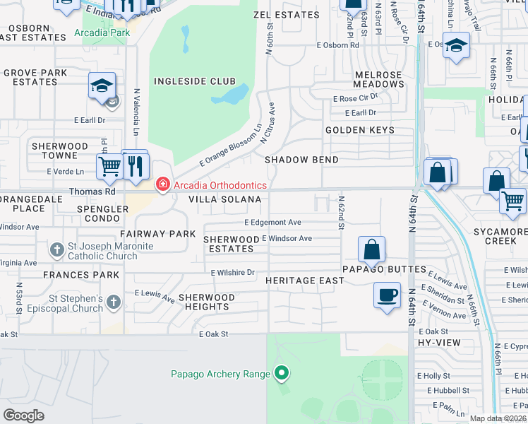 map of restaurants, bars, coffee shops, grocery stores, and more near 5940 East Edgemont Avenue in Scottsdale