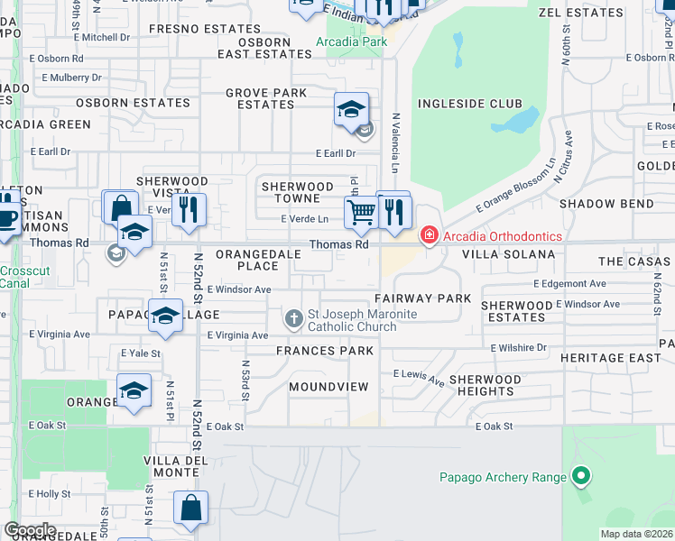 map of restaurants, bars, coffee shops, grocery stores, and more near 5402 East Windsor Avenue in Phoenix