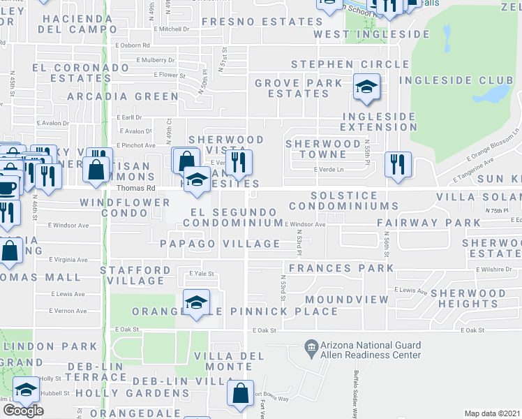 map of restaurants, bars, coffee shops, grocery stores, and more near 5222 East Windsor Avenue in Phoenix