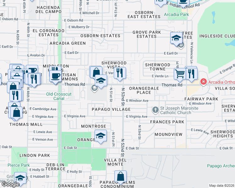 map of restaurants, bars, coffee shops, grocery stores, and more near 5118 East Windsor Avenue in Phoenix