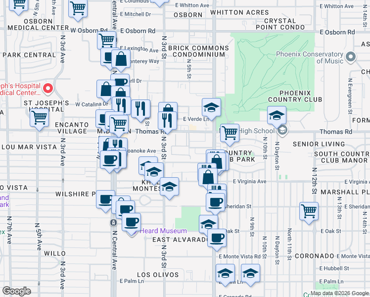 map of restaurants, bars, coffee shops, grocery stores, and more near 332 East Windsor Avenue in Phoenix