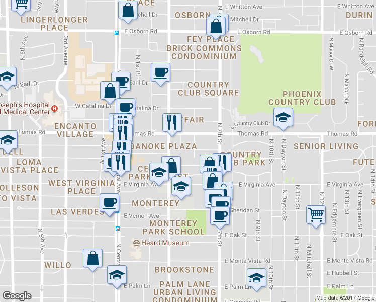 map of restaurants, bars, coffee shops, grocery stores, and more near 332 East Windsor Avenue in Phoenix