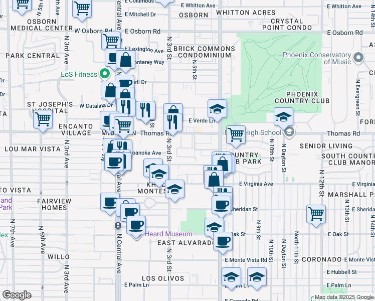 map of restaurants, bars, coffee shops, grocery stores, and more near 332 East Windsor Avenue in Phoenix