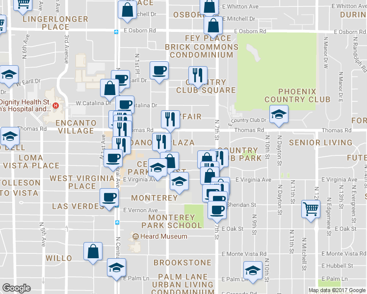 map of restaurants, bars, coffee shops, grocery stores, and more near 332 East Windsor Avenue in Phoenix