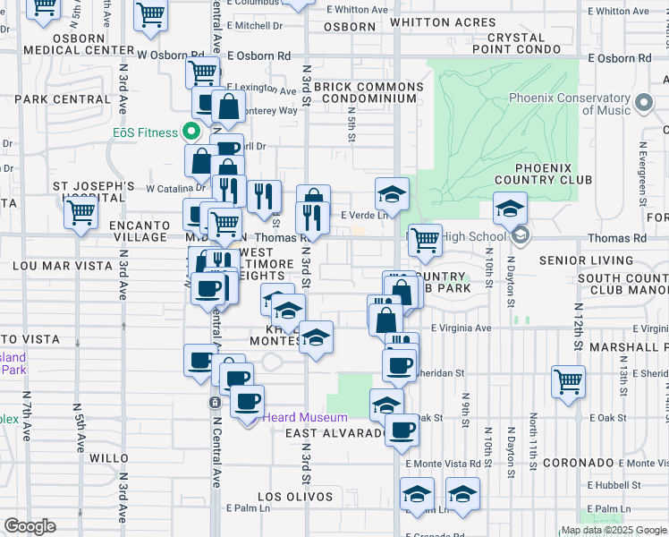 map of restaurants, bars, coffee shops, grocery stores, and more near 332 East Windsor Avenue in Phoenix