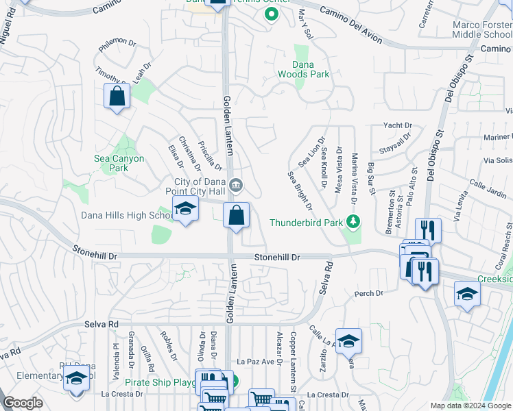 map of restaurants, bars, coffee shops, grocery stores, and more near 33361 Cheltam Way in Dana Point